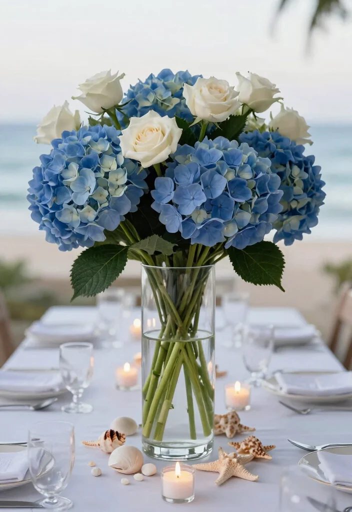 14 Blue and White Centerpieces Wedding Ideas With Coastal Elegance - 1. Elegant Blue Hydrangea Centerpiece 1