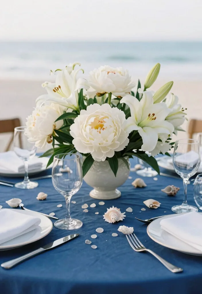 14 Blue and White Centerpieces Wedding Ideas With Coastal Elegance - 10. Blue Table Linens with Floral Centerpieces 1