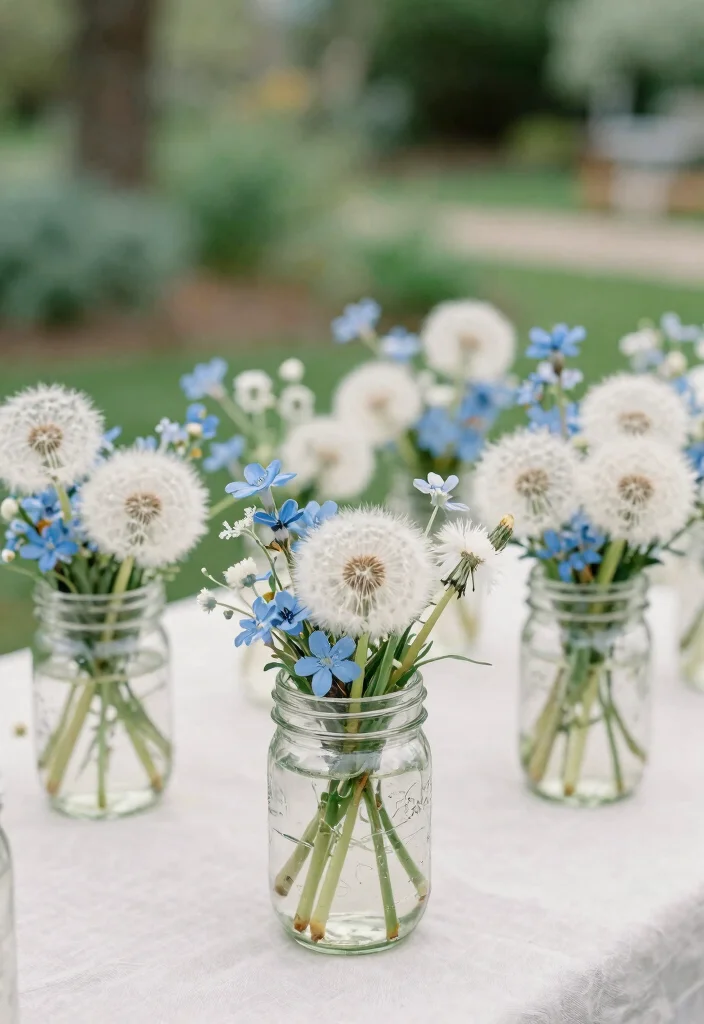 14 Blue and White Centerpieces Wedding Ideas With Coastal Elegance - 11. Whimsical White Dandelion Arrangements 1