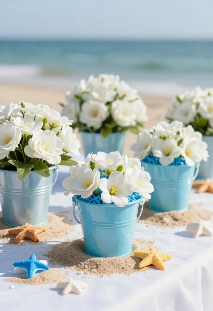 14 Blue and White Centerpieces Wedding Ideas With Coastal Elegance - 12. Miniature Beach Buckets with Flowers 1