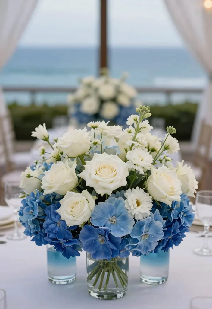 14 Blue and White Centerpieces Wedding Ideas With Coastal Elegance - 13. Blue and White Ombre Centerpieces 1