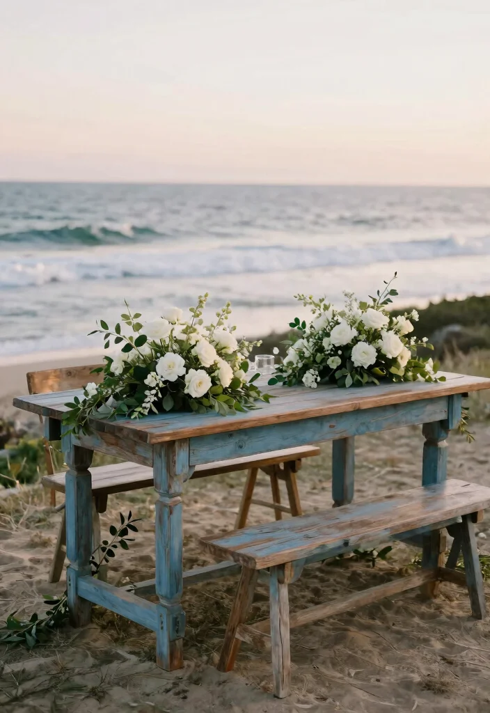14 Blue and White Centerpieces Wedding Ideas With Coastal Elegance - 14. Romantic Blue-Washed Wood Tables 1