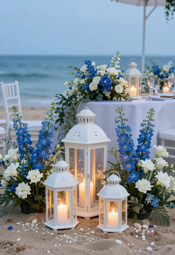 14 Blue and White Centerpieces Wedding Ideas With Coastal Elegance - 2. Nautical Lanterns with Floral Accents 1