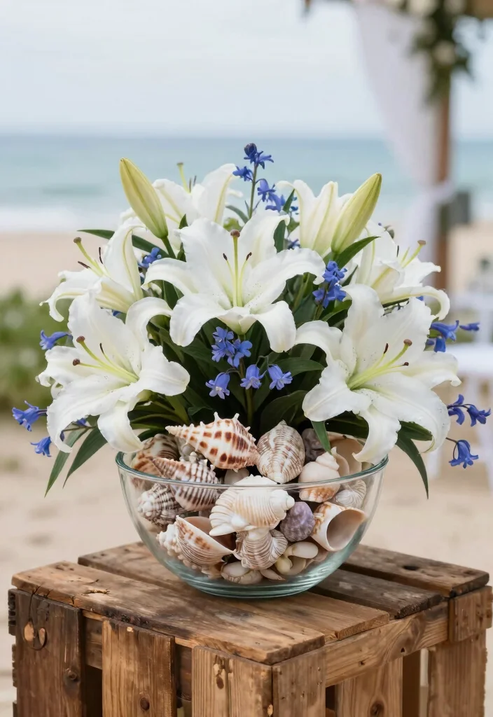 14 Blue and White Centerpieces Wedding Ideas With Coastal Elegance - 3. Seashell Accented Table Arrangements 1