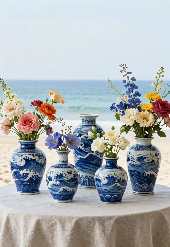 14 Blue and White Centerpieces Wedding Ideas With Coastal Elegance - 4. Blue and White Ceramic Vases 1