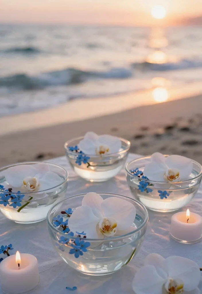 14 Blue and White Centerpieces Wedding Ideas With Coastal Elegance - 5. Floating Floral Centerpieces 1