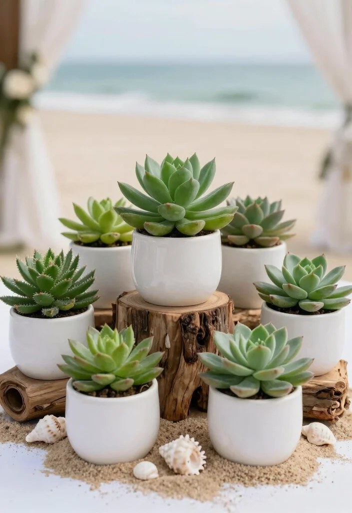 14 Blue and White Centerpieces Wedding Ideas With Coastal Elegance - 6. Beach-Inspired Succulent Arrangements 1