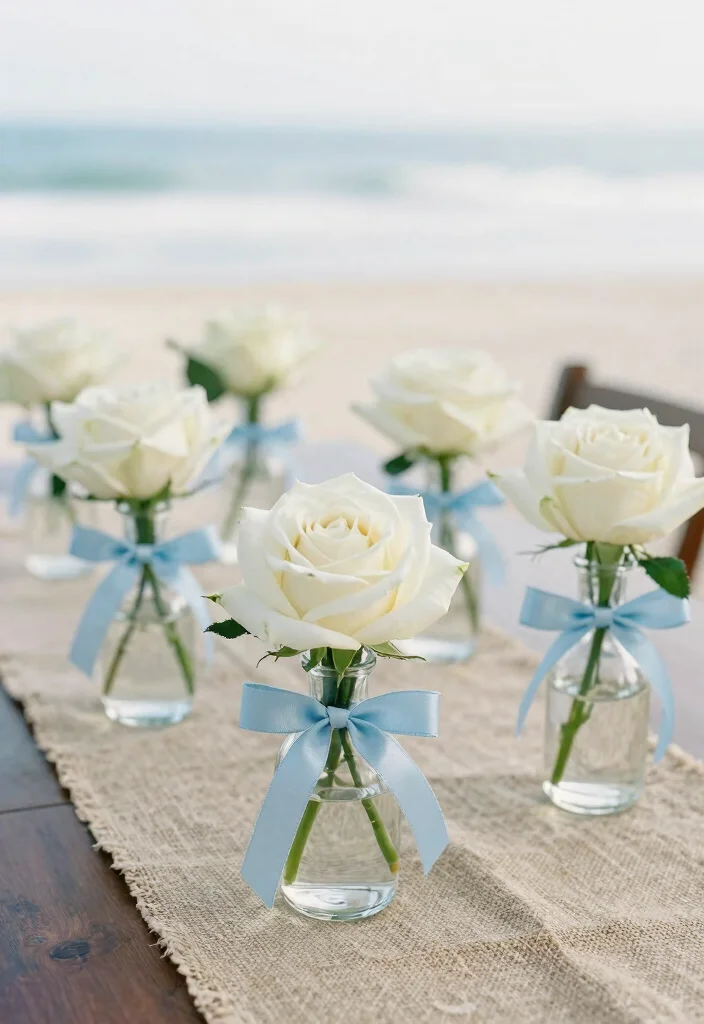14 Blue and White Centerpieces Wedding Ideas With Coastal Elegance - 7. White Roses with Blue Ribbon Ties 1