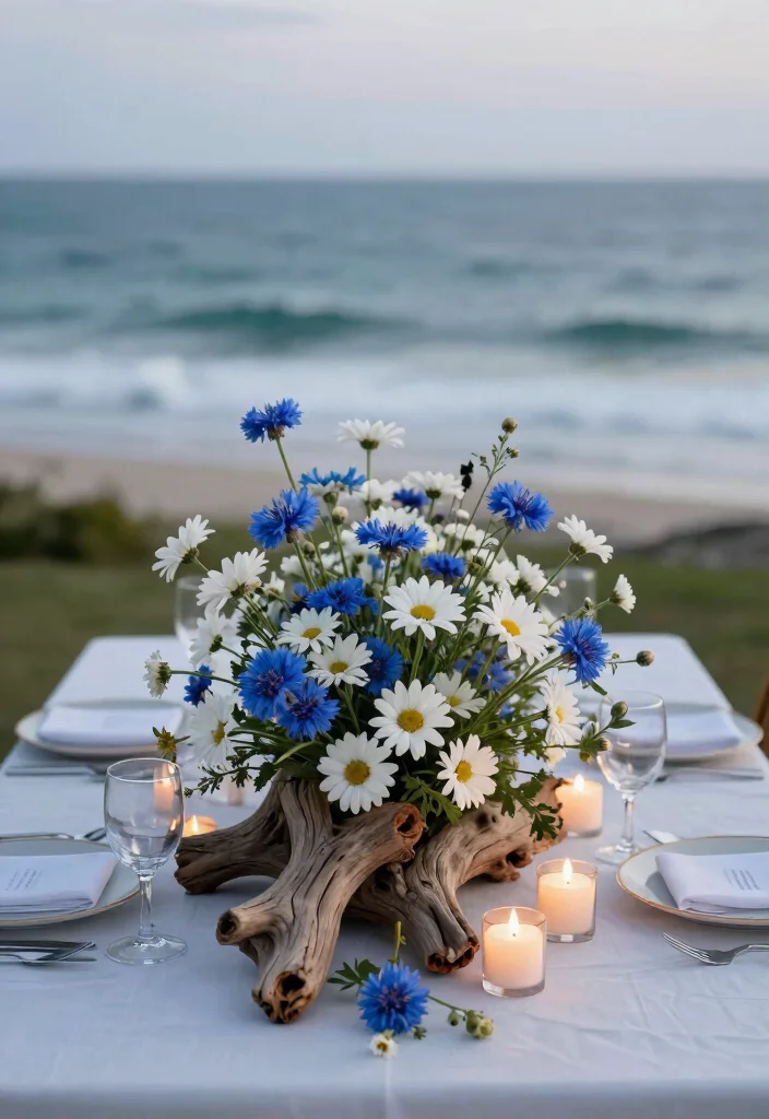 14 Blue and White Centerpieces Wedding Ideas With Coastal Elegance - 8. Driftwood and Floral Combos 1