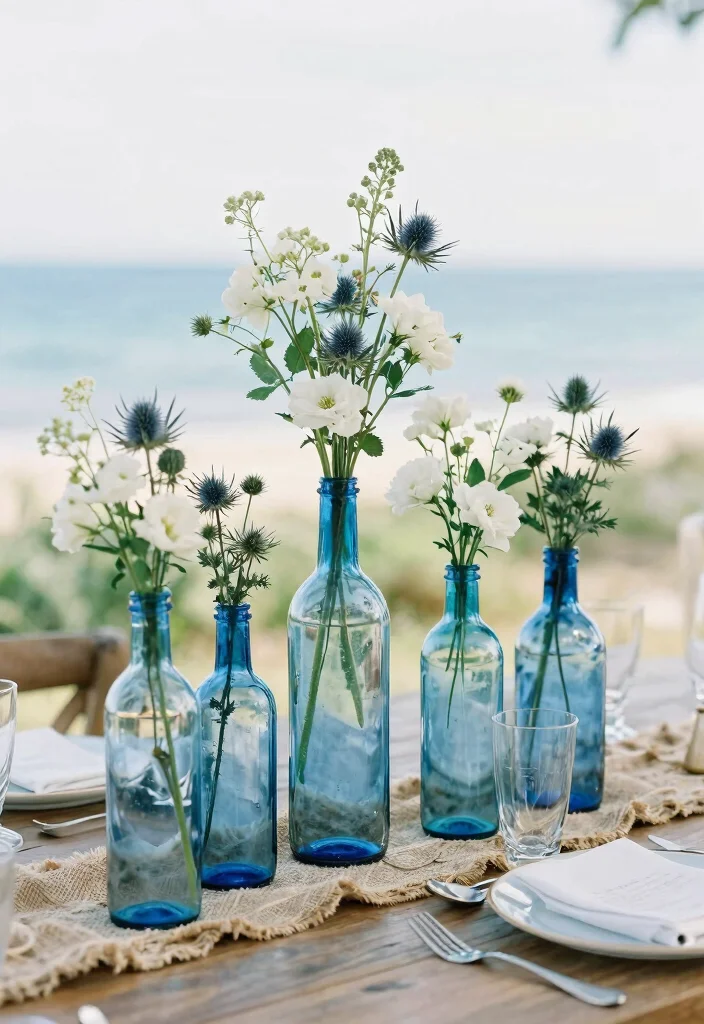 14 Blue and White Centerpieces Wedding Ideas With Coastal Elegance - 9. Coastal Blue Glass Bottles 1