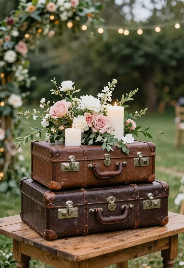 14 Country Wedding Table Decor Ideas With Rustic Romance 18 14 Country Wedding Table Decor Ideas With Rustic Romance - 8. Vintage Suitcases and Trunks 1