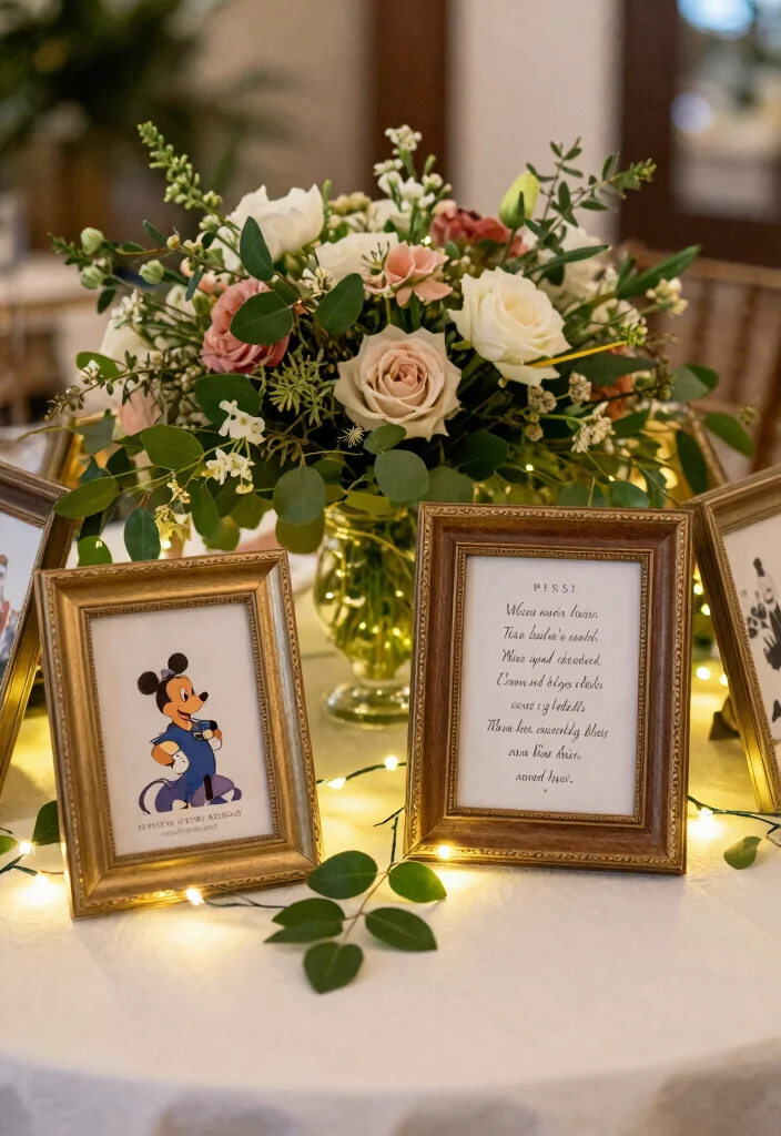 14 Disney Wedding Centerpieces Ideas With Fairytale Magic 53 14 Disney Wedding Centerpieces Ideas With Fairytale Magic - 13. Vintage Picture Frames with Nature 1