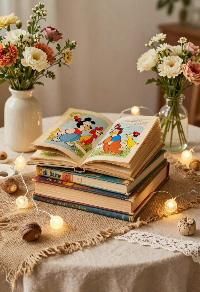 14 Disney Wedding Centerpieces Ideas With Fairytale Magic 15 14 Disney Wedding Centerpieces Ideas With Fairytale Magic - 5. Vintage Disney Storybooks 1