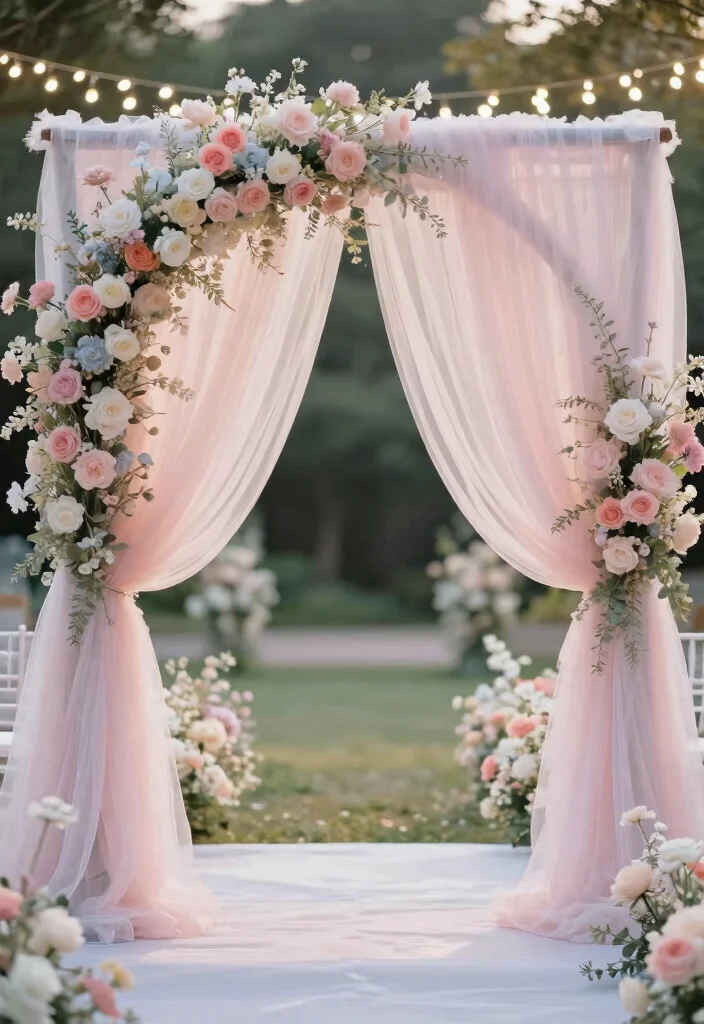 14 Summer Wedding Arch Ideas With Bright Seasonal Vibes 52 14 Summer Wedding Arch Ideas With Bright Seasonal Vibes - 12. Dreamy Draped Tulle Arch 1