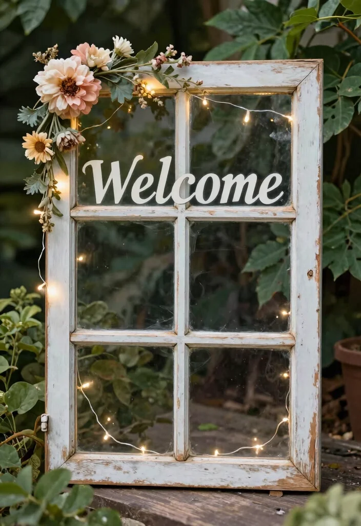 15 Arch Wedding Sign Ideas That Welcome Guests Beautifully - 5. Vintage Window Sign 1