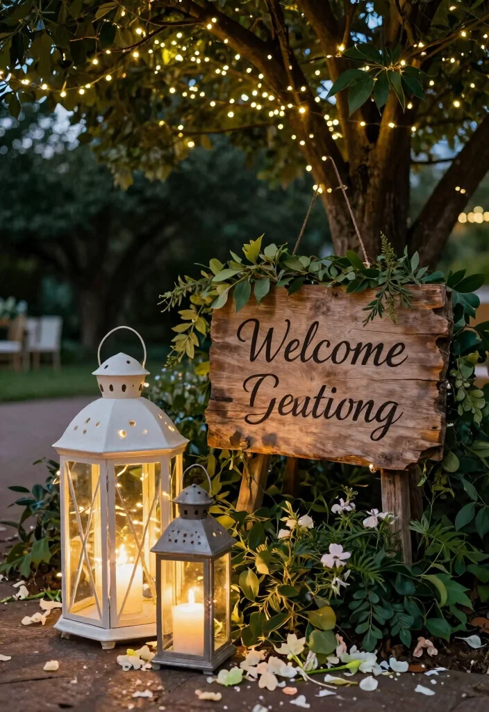 15 Arch Wedding Sign Ideas That Welcome Guests Beautifully - 6. Lantern Sign Display 1