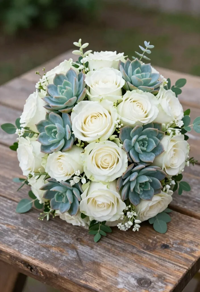 15 Bride Bouquet White Elegant Wedding Flowers Ideas With Timeless Style - 12. Textured Succulents 1
