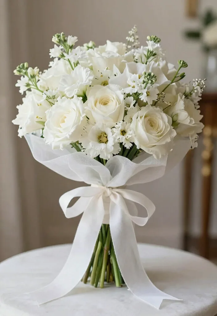 15 Bride Bouquet White Elegant Wedding Flowers Ideas With Timeless Style - 15. Fresh Linen and Ribbon Wraps 1