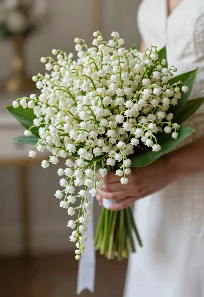15 Bride Bouquet White Elegant Wedding Flowers Ideas With Timeless Style - 9. Minimalist Lily of the Valley 1