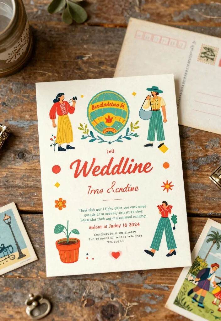 15 Bright Wedding Invitations Ideas That Pop Beautifully - 7. Vintage Postcard Style 1