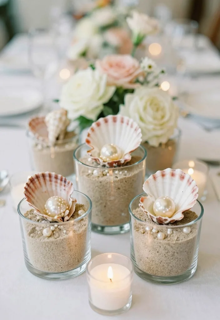 15 Classic Wedding Centerpieces Ideas With Timeless Elegance - 14. Classy Pearls and Shells 1