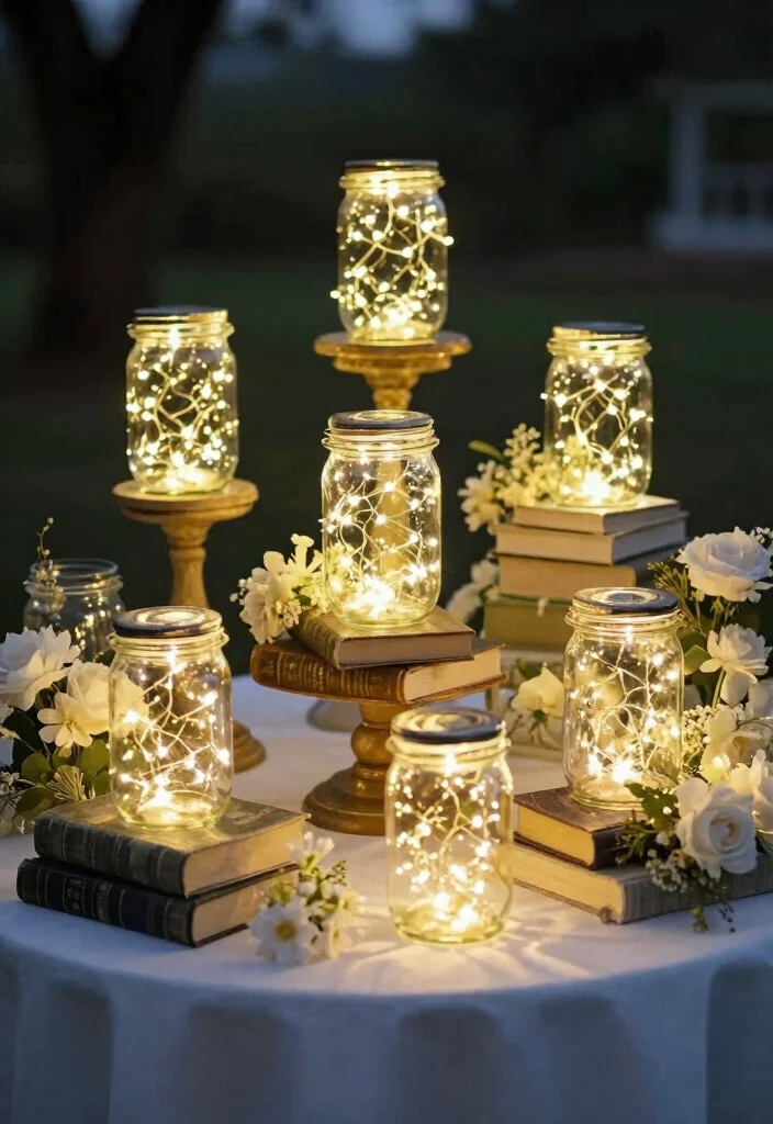 15 Classic Wedding Centerpieces Ideas With Timeless Elegance - 4. Whimsical Fairy Light Jars 1