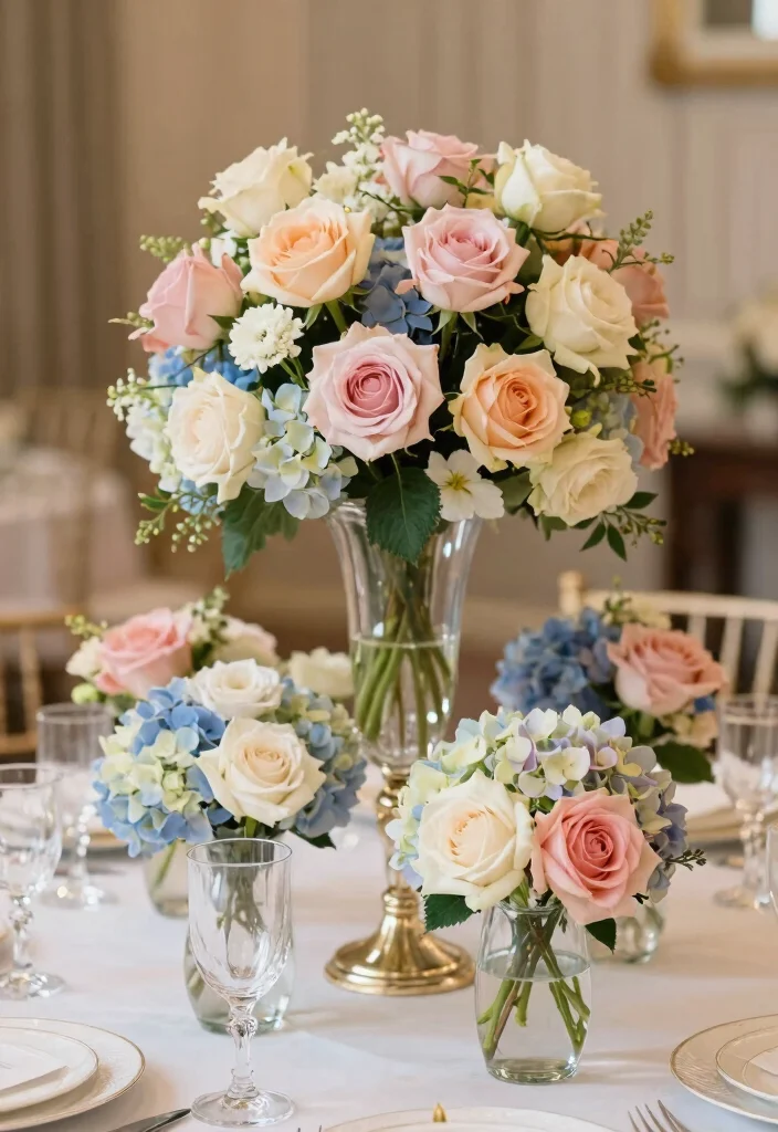 15 Classic Wedding Centerpieces Ideas With Timeless Elegance - 8. Classic Arrangement of Roses and Hydrangeas 1