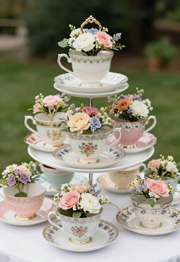 15 Classic Wedding Centerpieces Ideas With Timeless Elegance - 9. Vintage Tea Cups and Saucers 1
