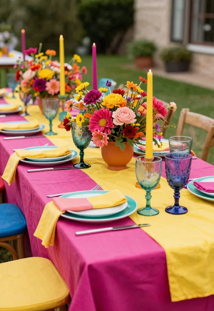 15 Romantic Wedding Table Settings Ideas With Soft Glow - 10. Bold and Bright 1