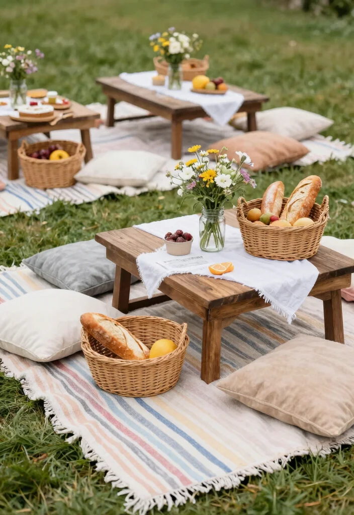 15 Romantic Wedding Table Settings Ideas With Soft Glow - 12. Charming Picnic Style 1