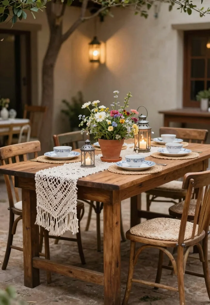 15 Romantic Wedding Table Settings Ideas With Soft Glow - 3. Rustic Bohemian Vibe 1