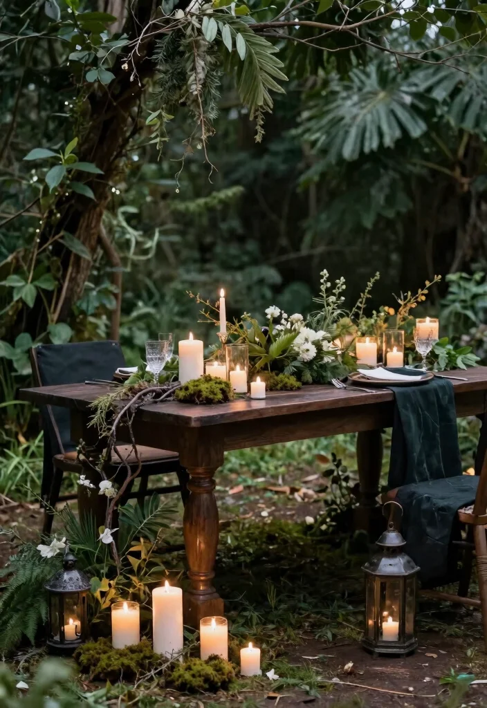 15 Romantic Wedding Table Settings Ideas With Soft Glow - 5. Enchanted Forest Theme 1