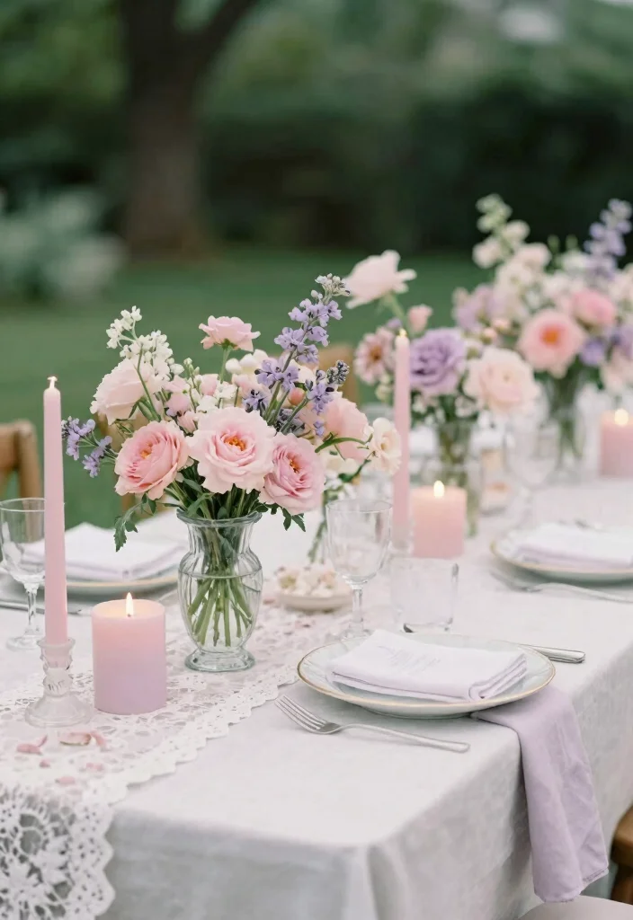 15 Romantic Wedding Table Settings Ideas With Soft Glow - 6. Soft Pastel Palette 1