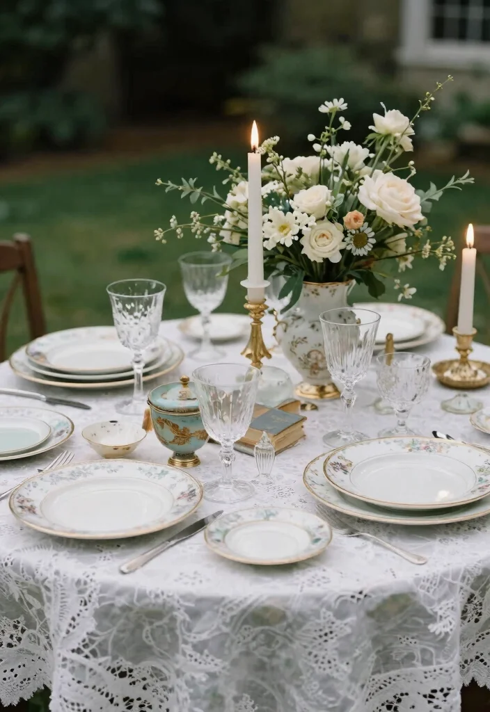 15 Romantic Wedding Table Settings Ideas With Soft Glow - 7. Vintage Charm 1