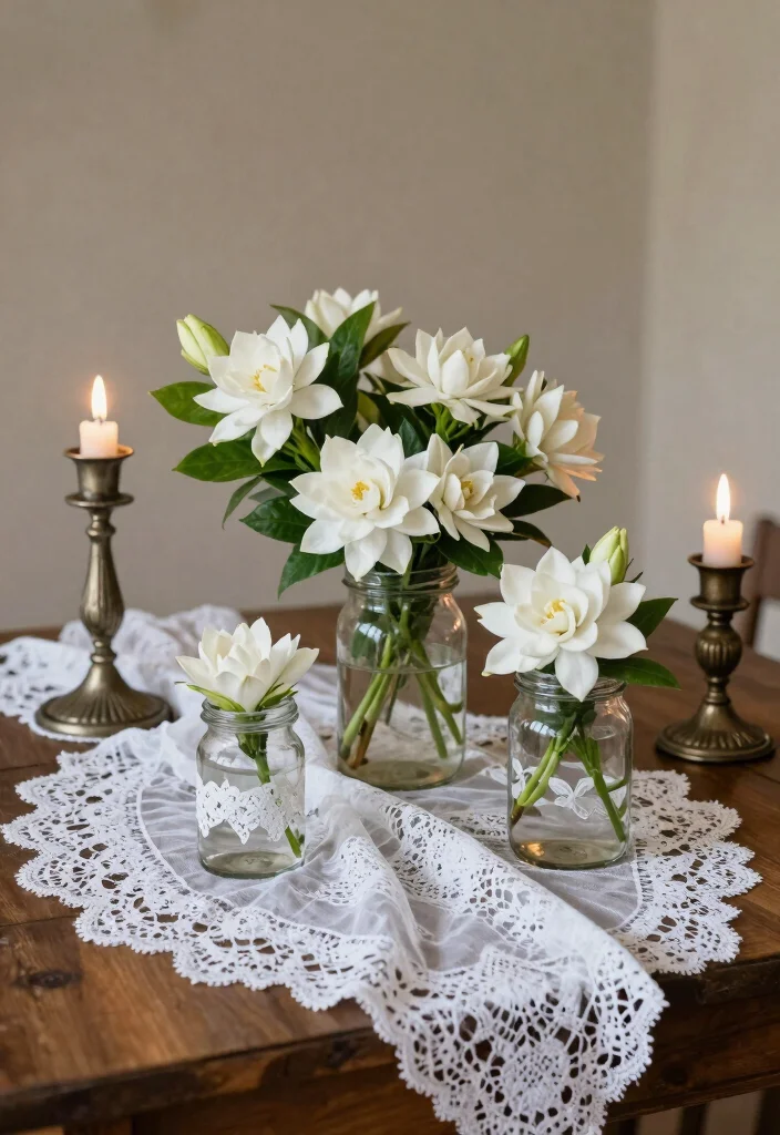 15 White Wedding Flowers Centerpieces Ideas With Classic Beauty 25 15 White Wedding Flowers Centerpieces Ideas With Classic Beauty - 5. Vintage Lace and White Flowers 1