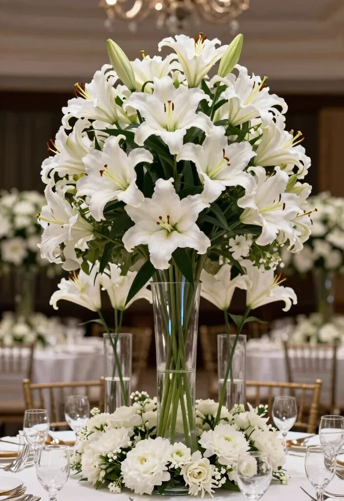 15 White Wedding Flowers Centerpieces Ideas With Classic Beauty 27 15 White Wedding Flowers Centerpieces Ideas With Classic Beauty - 7. Luxurious White Lilies 1