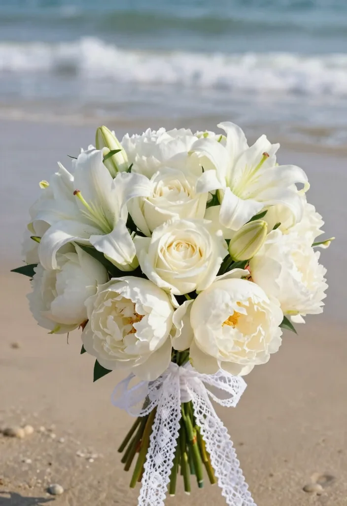 16 Beach Wedding Flowers Bouquet Ideas With Coastal Vibes 41 16 Beach Wedding Flowers Bouquet Ideas With Coastal Vibes - 11. Beachy Whites: Timeless Elegance 1