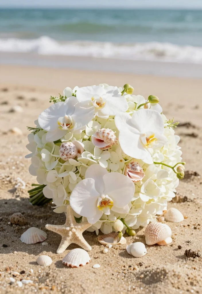 16 Beach Wedding Flowers Bouquet Ideas With Coastal Vibes 63 16 Beach Wedding Flowers Bouquet Ideas With Coastal Vibes - 13. Beachy Blooms: Shell Accents 1