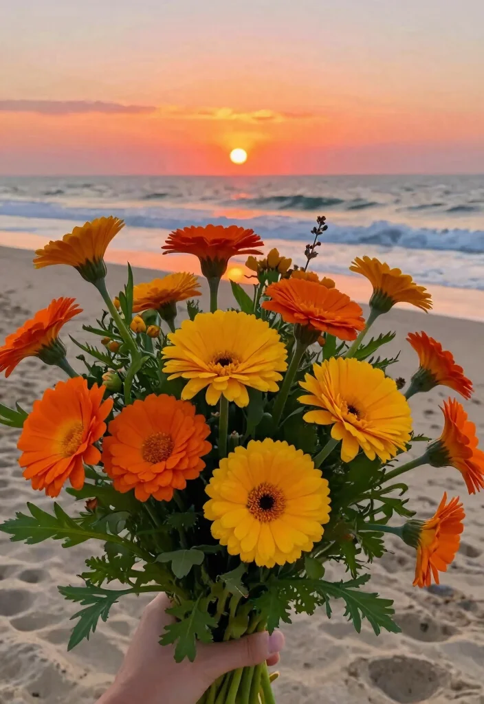 16 Beach Wedding Flowers Bouquet Ideas With Coastal Vibes 16 16 Beach Wedding Flowers Bouquet Ideas With Coastal Vibes - 6. Sunset Hues: Orange and Yellow Blooms 1