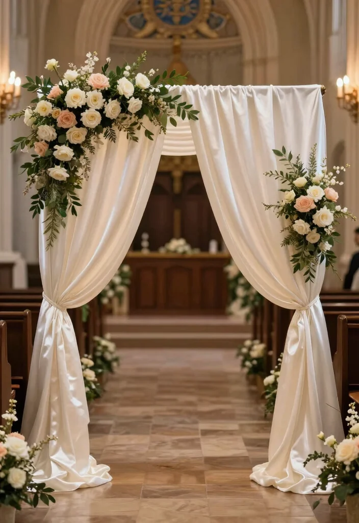 16 Church Wedding Arch Ideas With Timeless Grace 55 16 Church Wedding Arch Ideas With Timeless Grace - 15. Elegant Fabric and Flowers 1