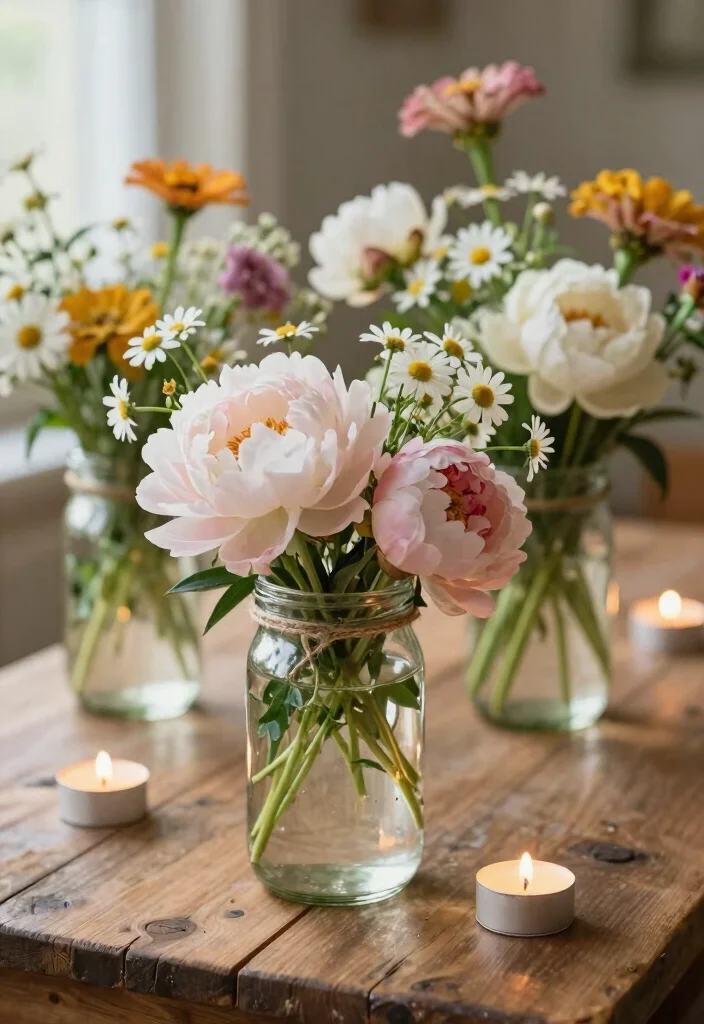 16 Floral Centerpieces Wedding Ideas With Fresh Elegance 1 16 Floral Centerpieces Wedding Ideas With Fresh Elegance - 1. Vintage Glass Jars with Seasonal Blooms 1