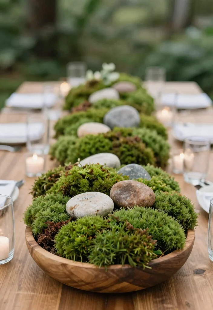 16 Green Wedding Centerpieces Ideas With Natural Vibes 56 16 Green Wedding Centerpieces Ideas With Natural Vibes - 16. Moss and Stone Arrangements 1