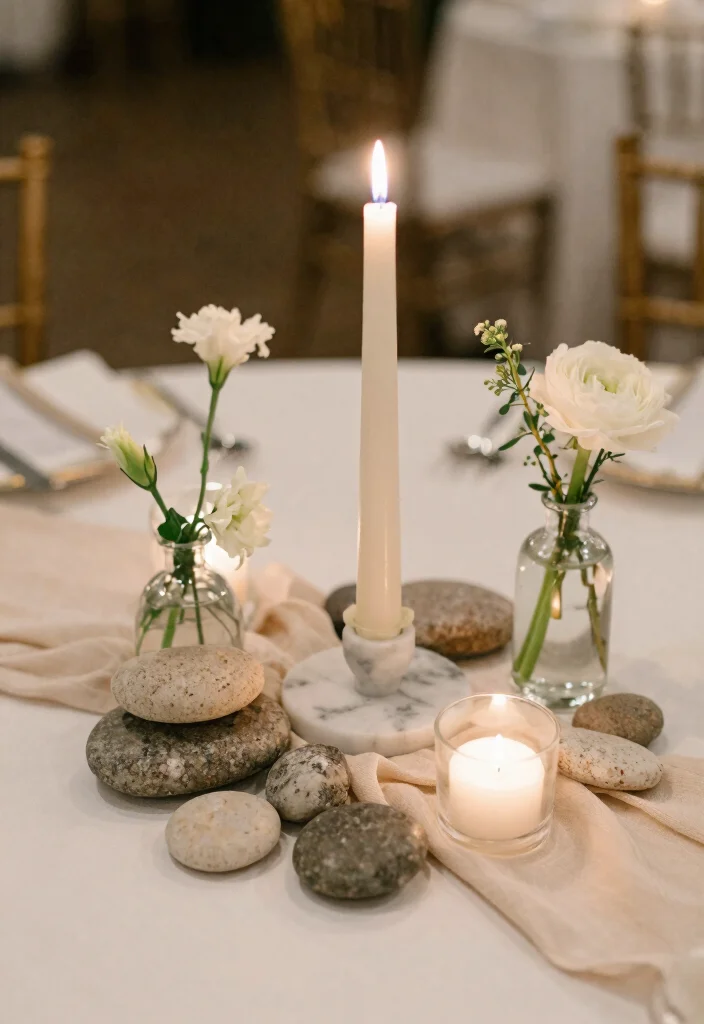 16 Minimalist Wedding Table Decor Simple Centerpieces Ideas That Shine 16 16 Minimalist Wedding Table Decor Simple Centerpieces Ideas That Shine - 6. Elegant Stone Accents 1
