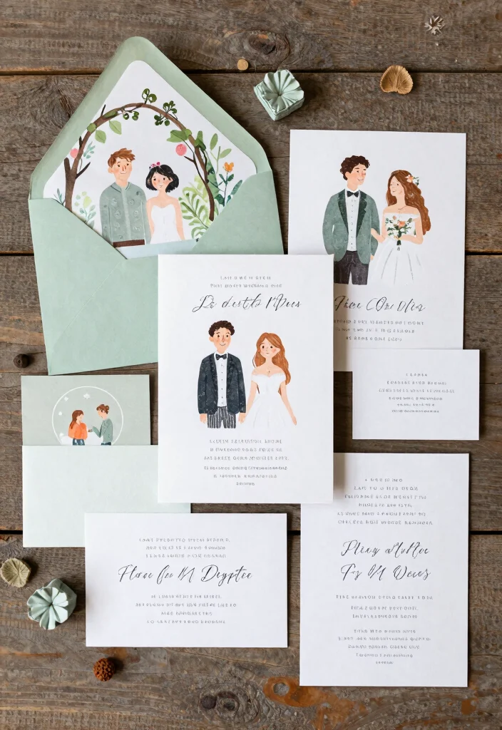 16 Sage Green Wedding Invitations Ideas With Soft Elegance - 10. Custom Illustrated Invitations 1
