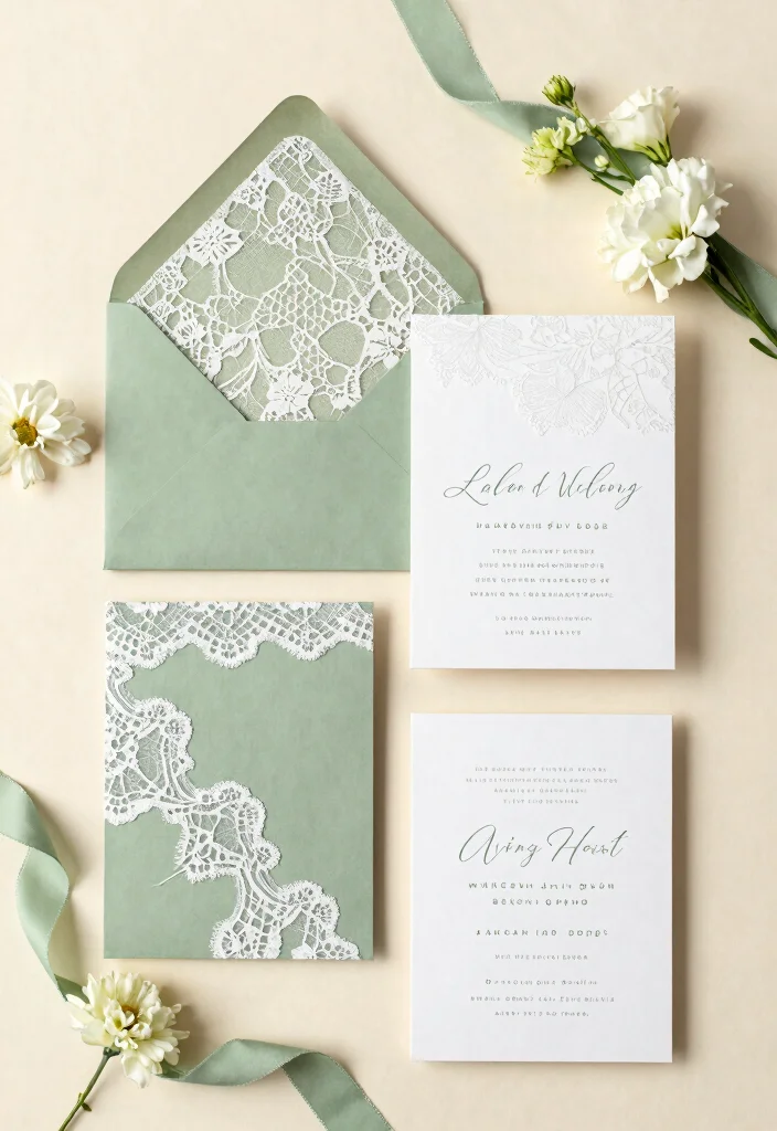 16 Sage Green Wedding Invitations Ideas With Soft Elegance - 12. Sage Green Invitations with Lace Details 1