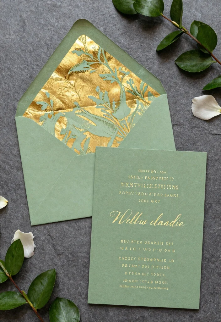 16 Sage Green Wedding Invitations Ideas With Soft Elegance - 13. Sage Green Invitations with Foil Accents 1