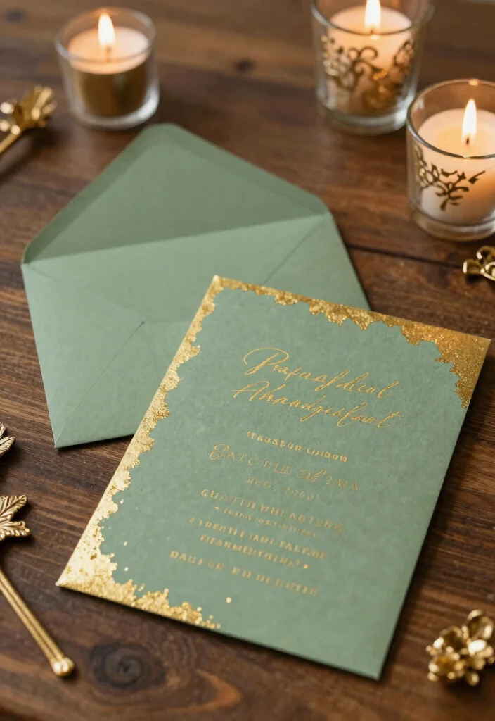 16 Sage Green Wedding Invitations Ideas With Soft Elegance - 6. Sage Green and Gold Foil Invitations 1