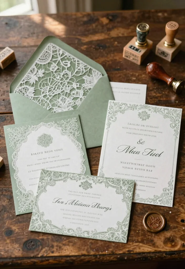 16 Sage Green Wedding Invitations Ideas With Soft Elegance - 9. Vintage-inspired Sage Green Invitations 1