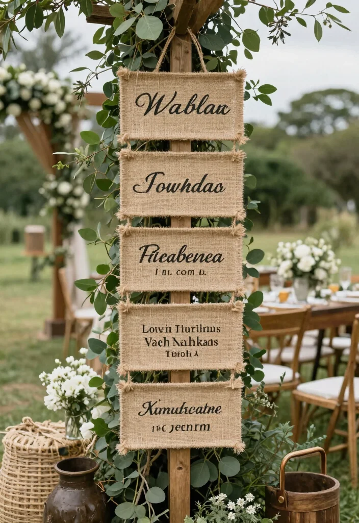 16 Wedding Ceremony Signs Ideas That Guide Beautifully - 13. Natural Fiber Signs 1