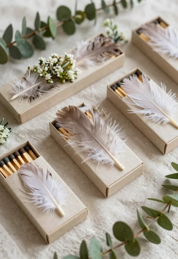 16 Wedding Matchbox Favors Ideas With Vintage Flair - 7. Bohemian Feather Matchboxes 1